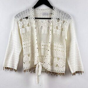 Soft Surroundings Tie Front Cardigan Sweater Boho Crochet Beaded Size XS